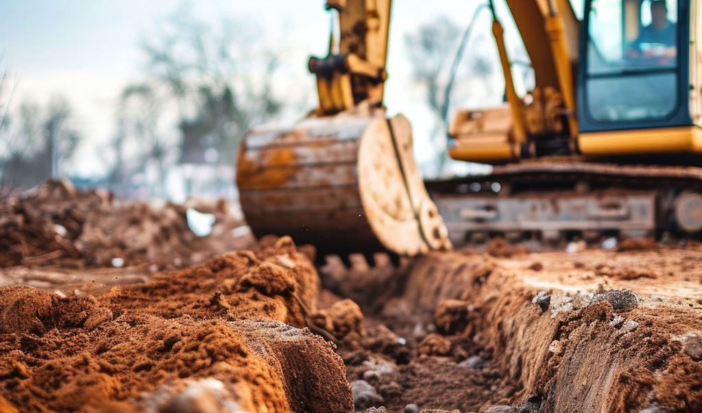 plumbing main sewer water line tap greenville upstate sc - excavator digging a trench