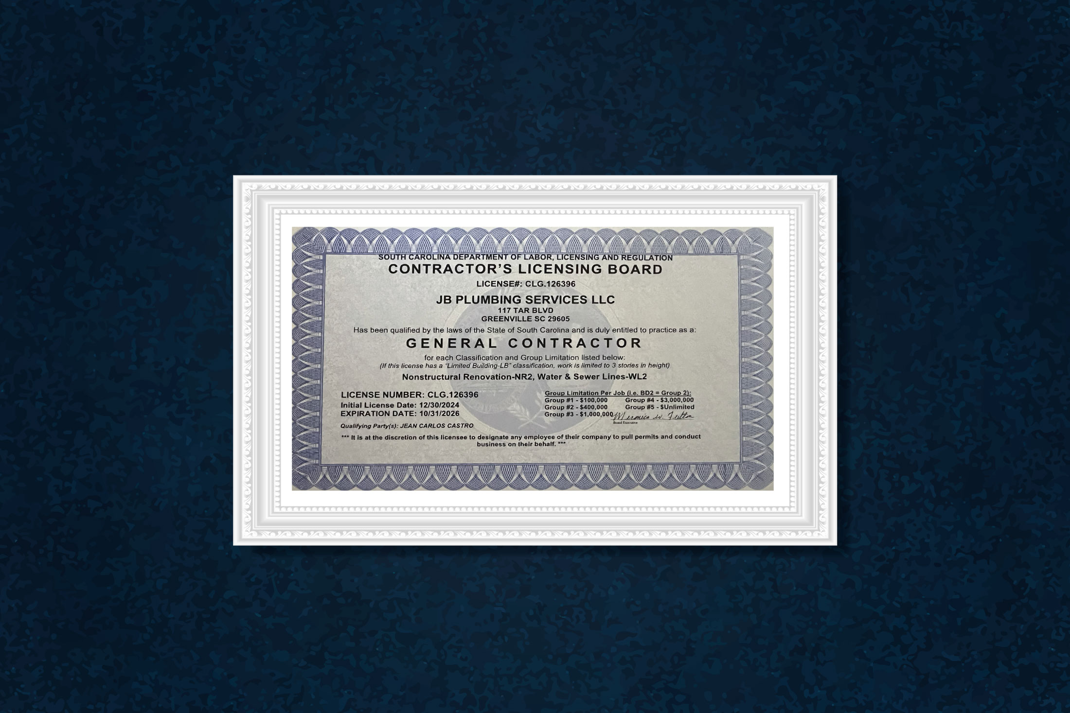 WL water sewer license plumber greenville